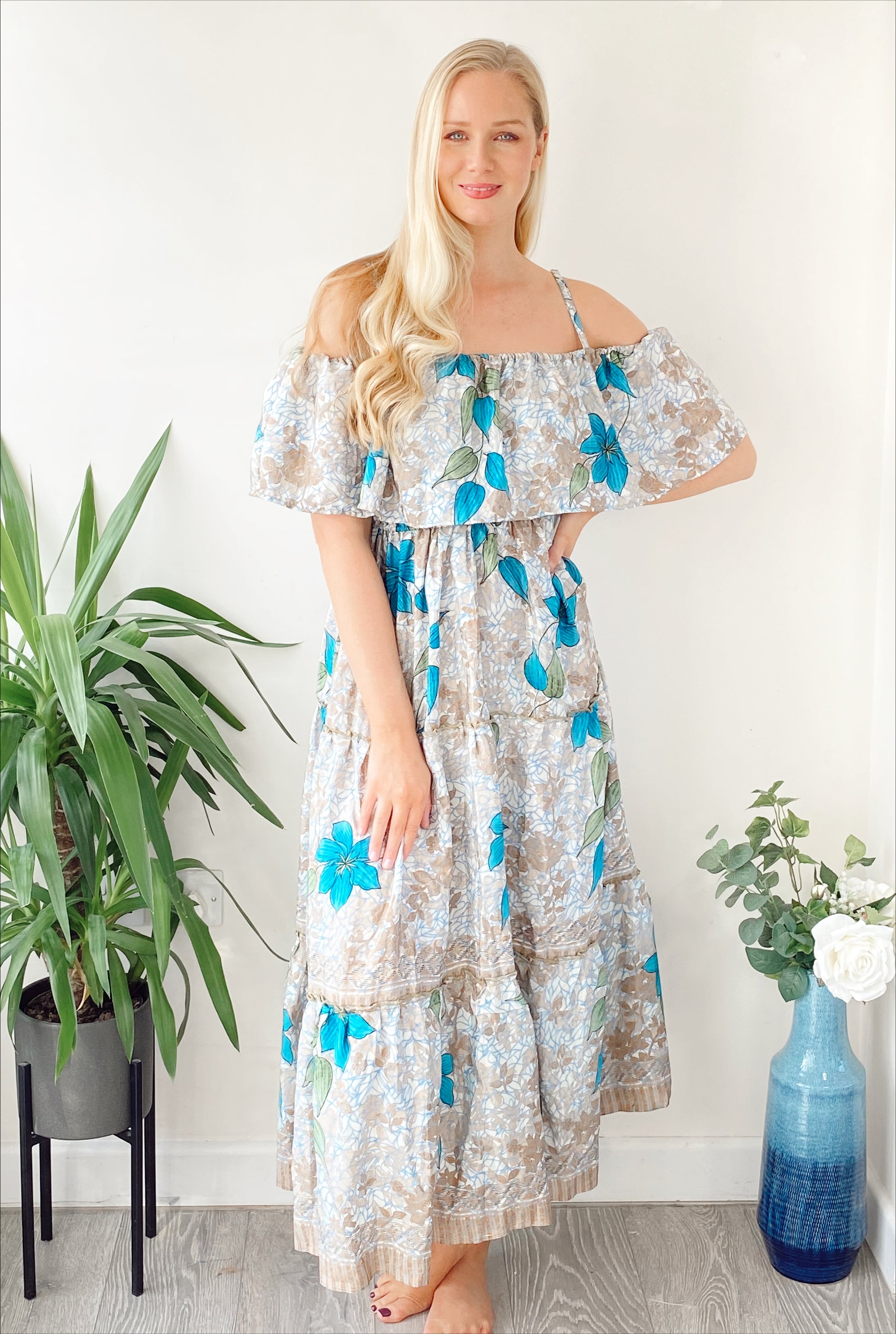 Elara blue floral-print recycled silk bardot frill dress free-size UK 8-16DRESSES