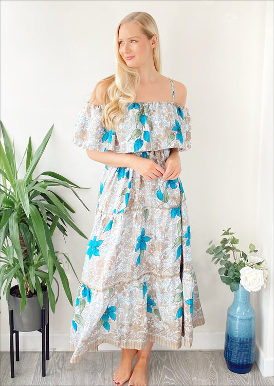 Elara blue floral-print recycled silk bardot frill dress free-size UK 8-16DRESSES