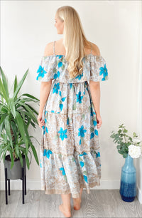 Elara blue floral-print recycled silk bardot frill dress free-size UK 8-16DRESSES