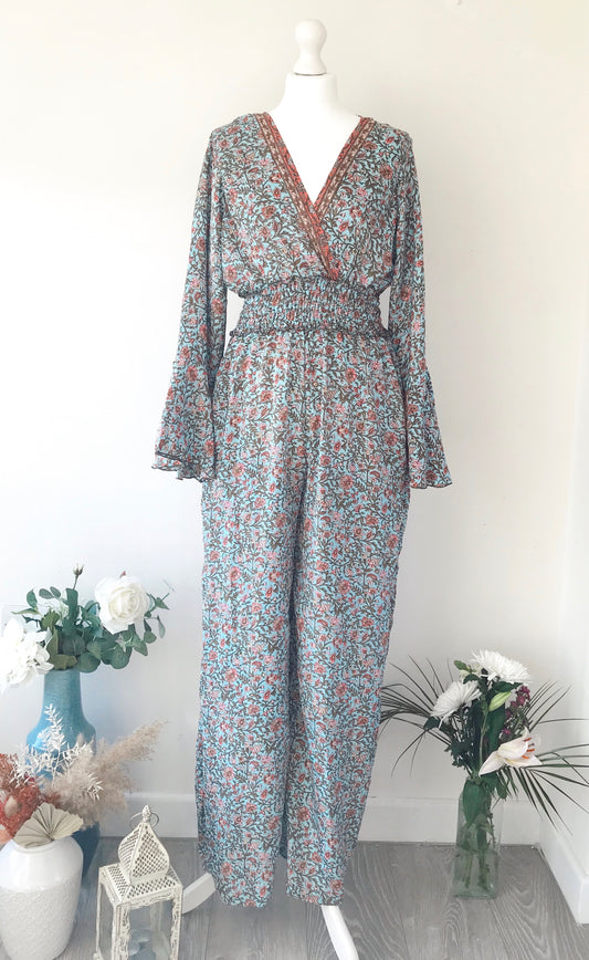 Flora blue floral-print silk jumpsuit free-size UK 8-14JUMPSUIT
