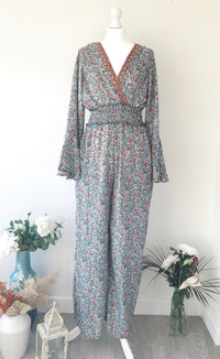 Flora blue floral-print silk jumpsuit free-size UK 8-14JUMPSUIT