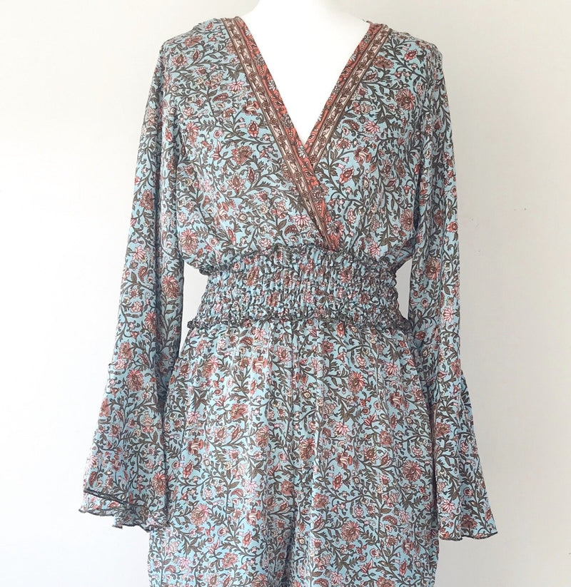 Flora blue floral-print silk jumpsuit free-size UK 8-14JUMPSUIT