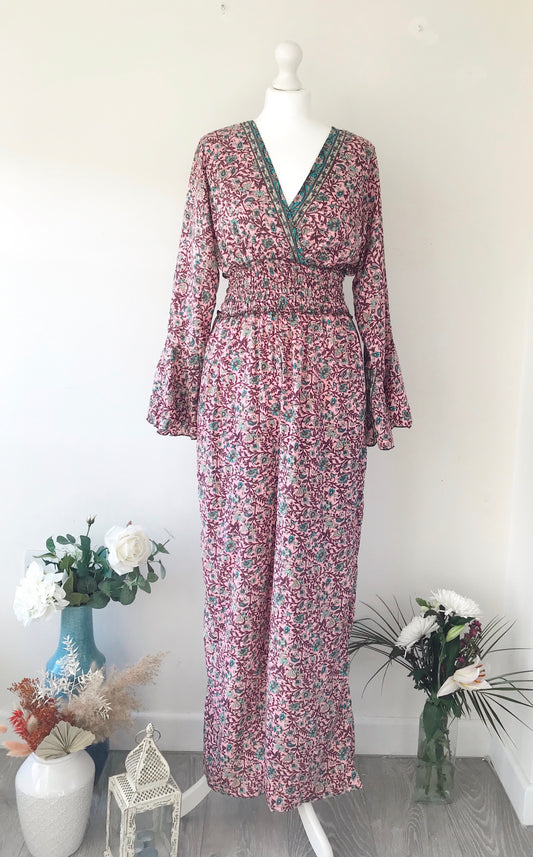 Flora pink floral-print silk jumpsuit free-size UK 8-14JUMPSUIT