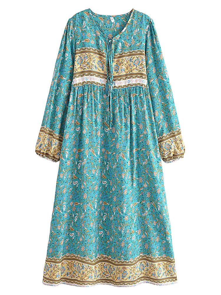 Joni teal-green floral-print boho midi dressDRESSES