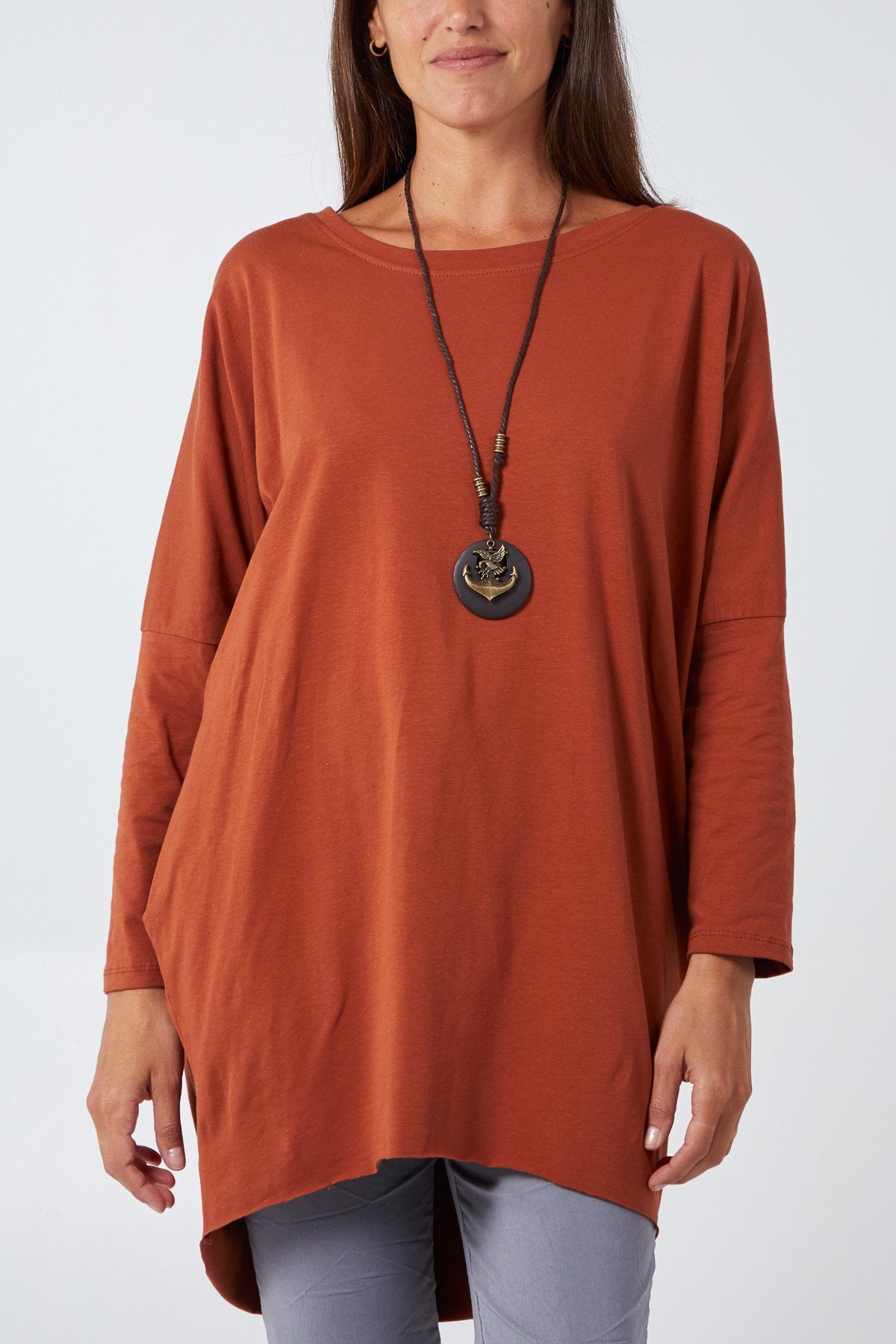 Zia rust cotton-jersey long-sleeved longline necklace tunic/topblouse