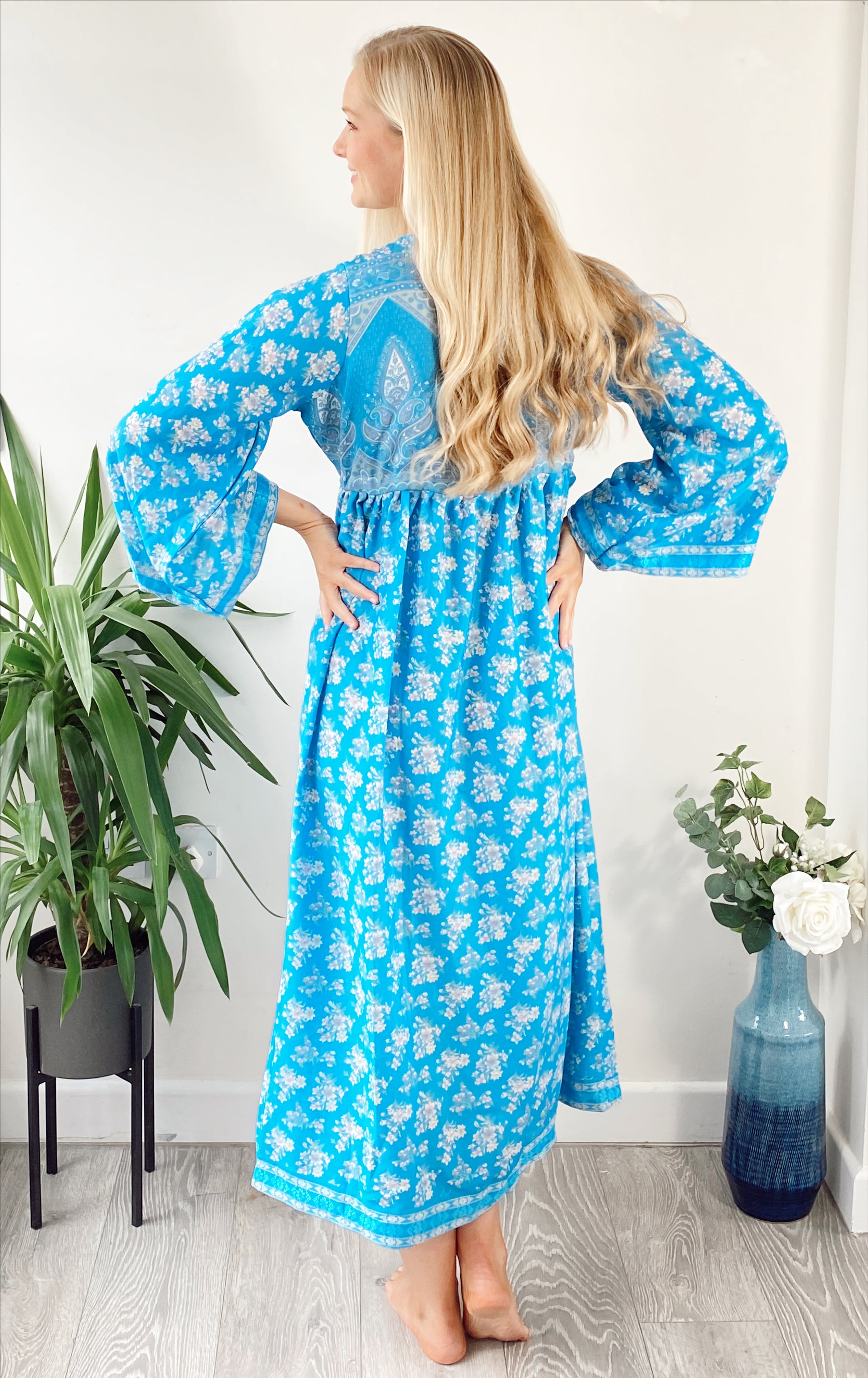 Nova blue floral-print recycled-silk midi dress free size UK8-14DRESSES