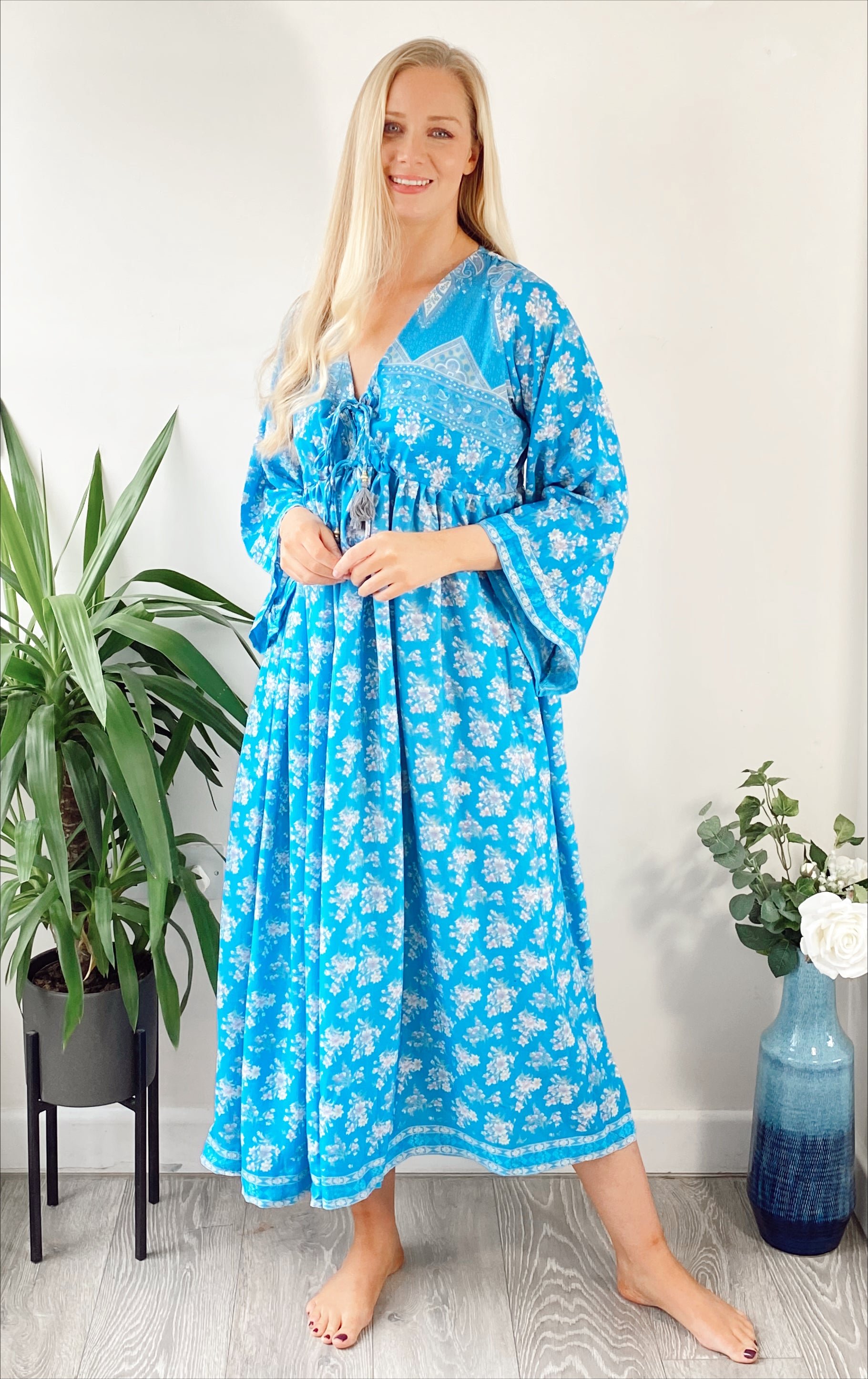 Nova blue floral-print recycled-silk midi dress free size UK8-14DRESSES