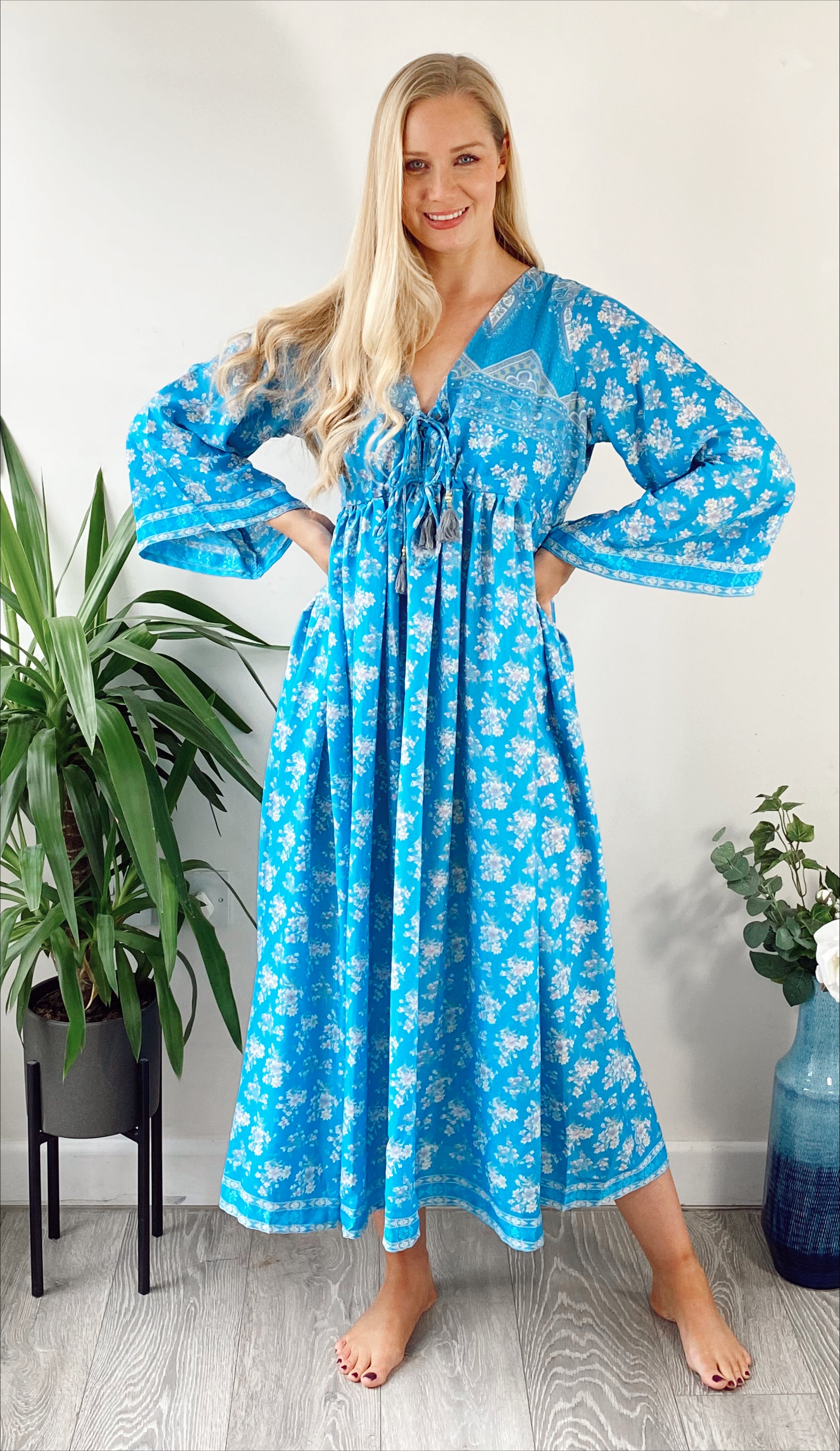 Nova blue floral-print recycled-silk midi dress free size UK8-14DRESSES
