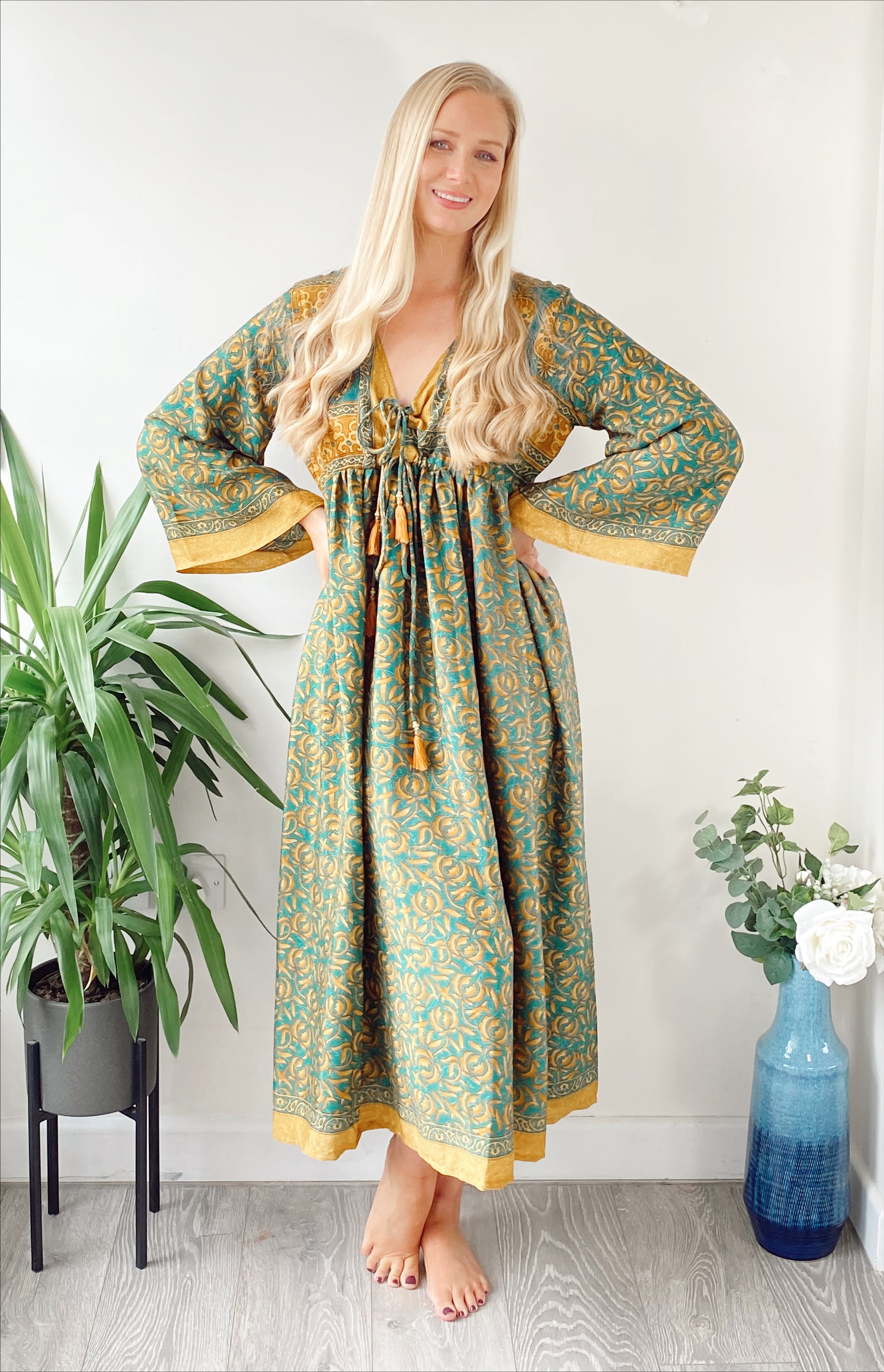 Nova yellow and green print recycled-silk midi dress free-size UK 8-14DRESSES