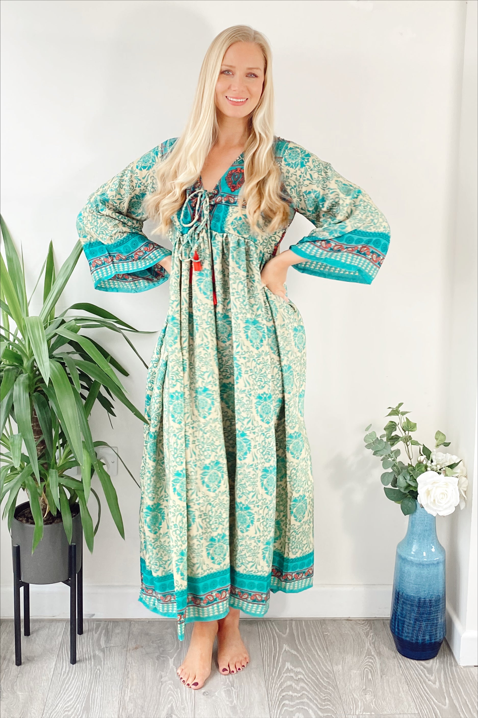 Nova teal print recycled-silk midi dress free size UK8-14DRESSES