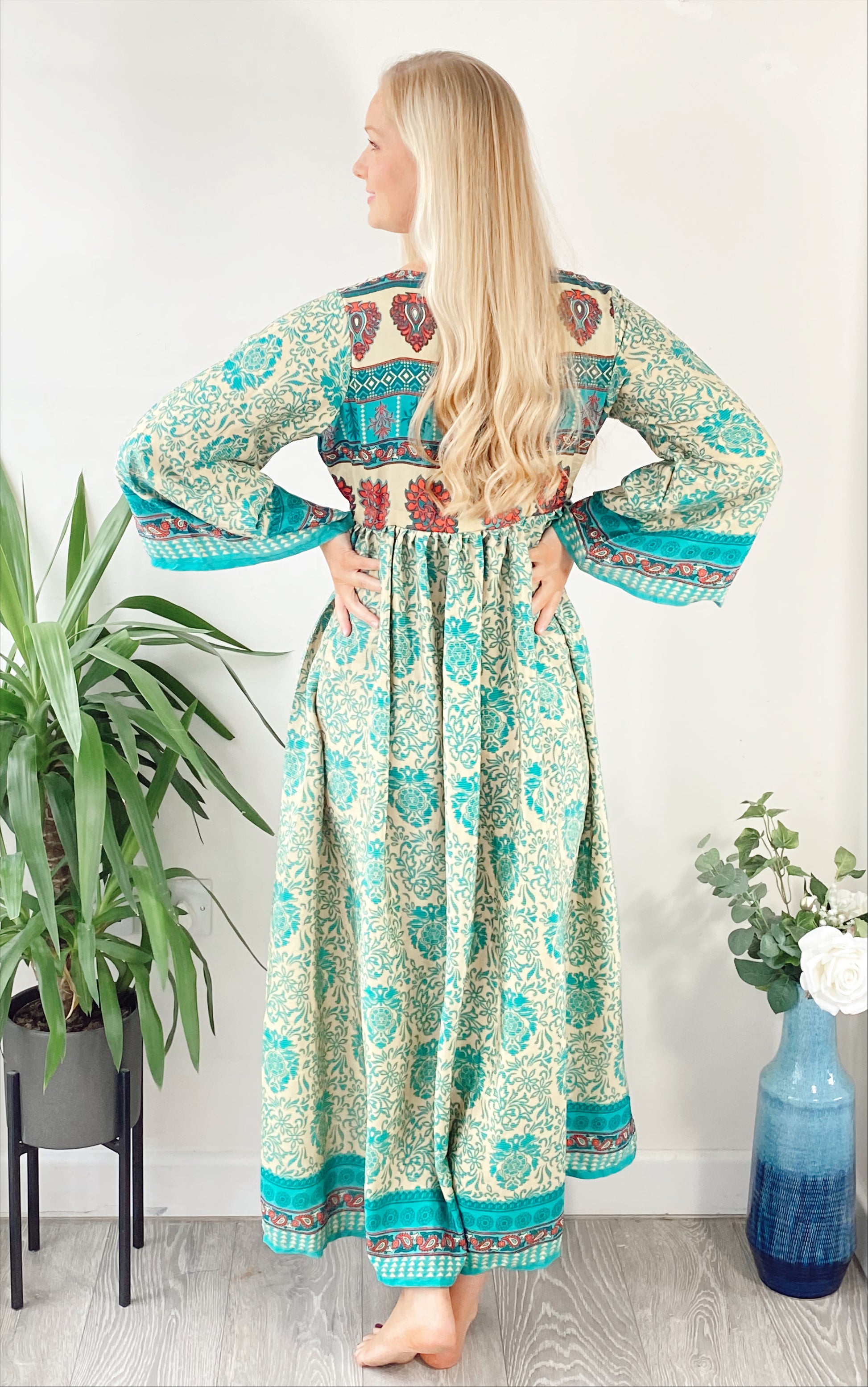 Nova teal print recycled-silk midi dress free size UK8-14DRESSES