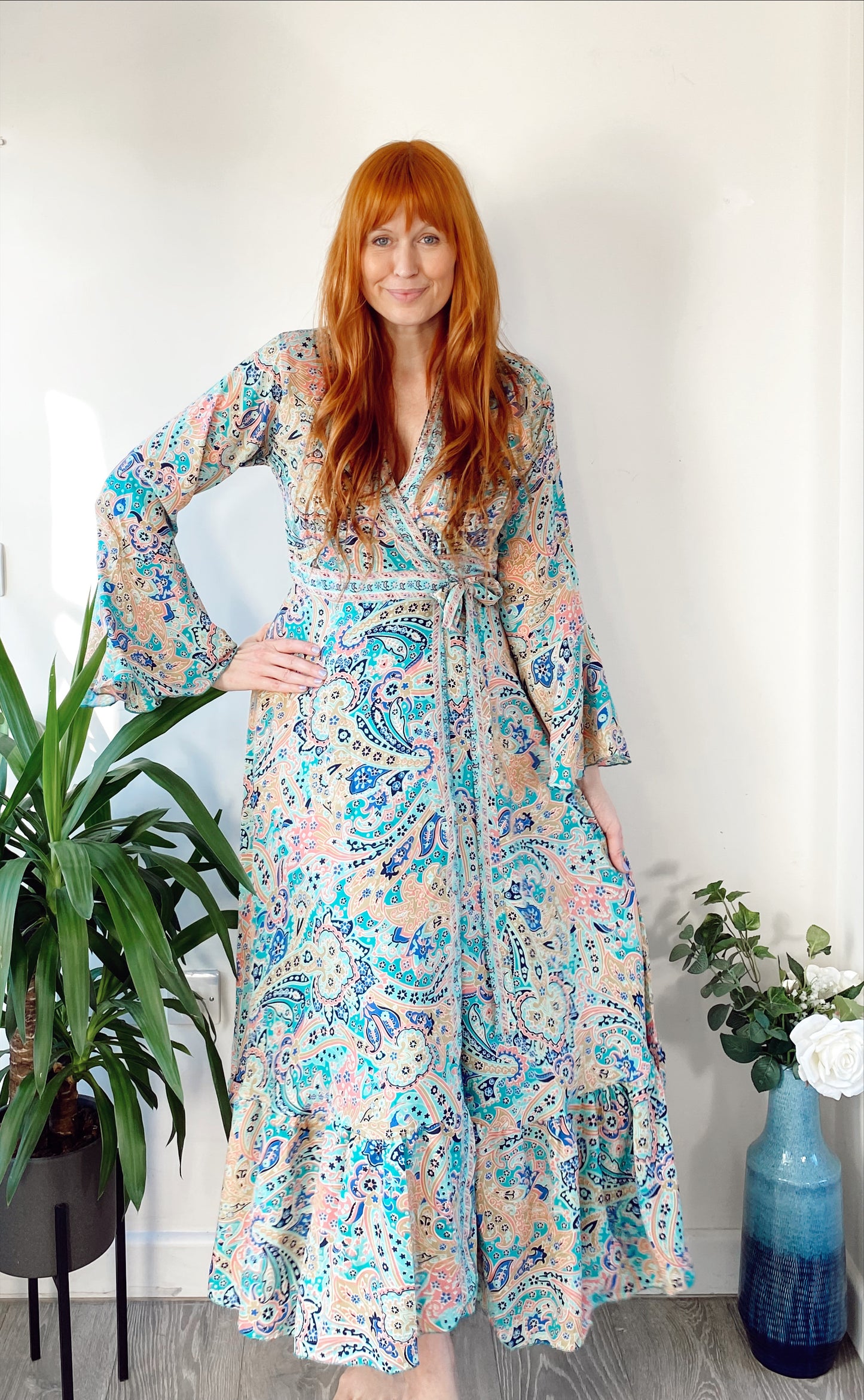Ophelia blue peach printed silk wrap maxi dress free-size UK 8-14DRESSES