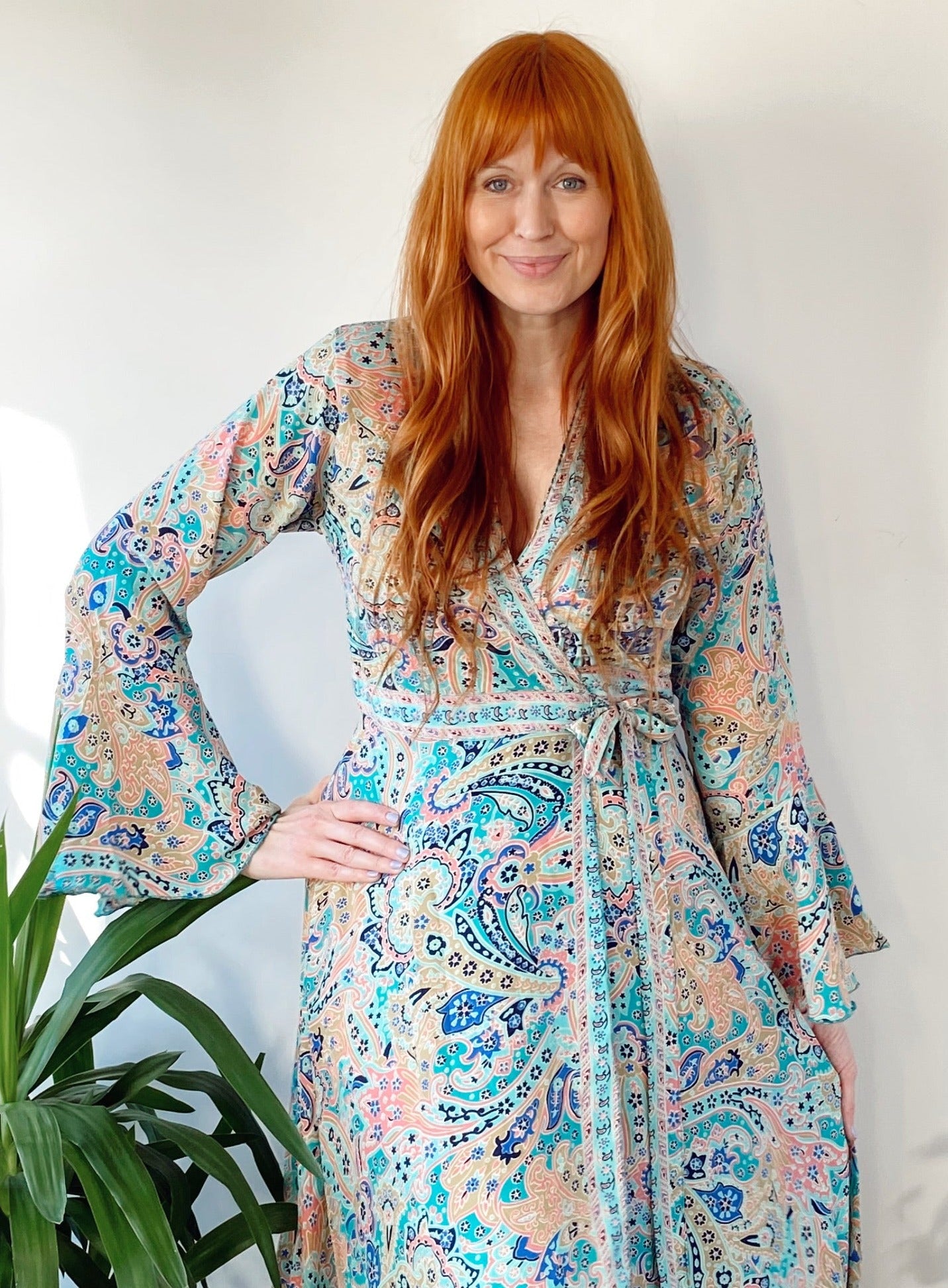 Ophelia blue peach printed silk wrap maxi dress free-size UK 8-14DRESSES