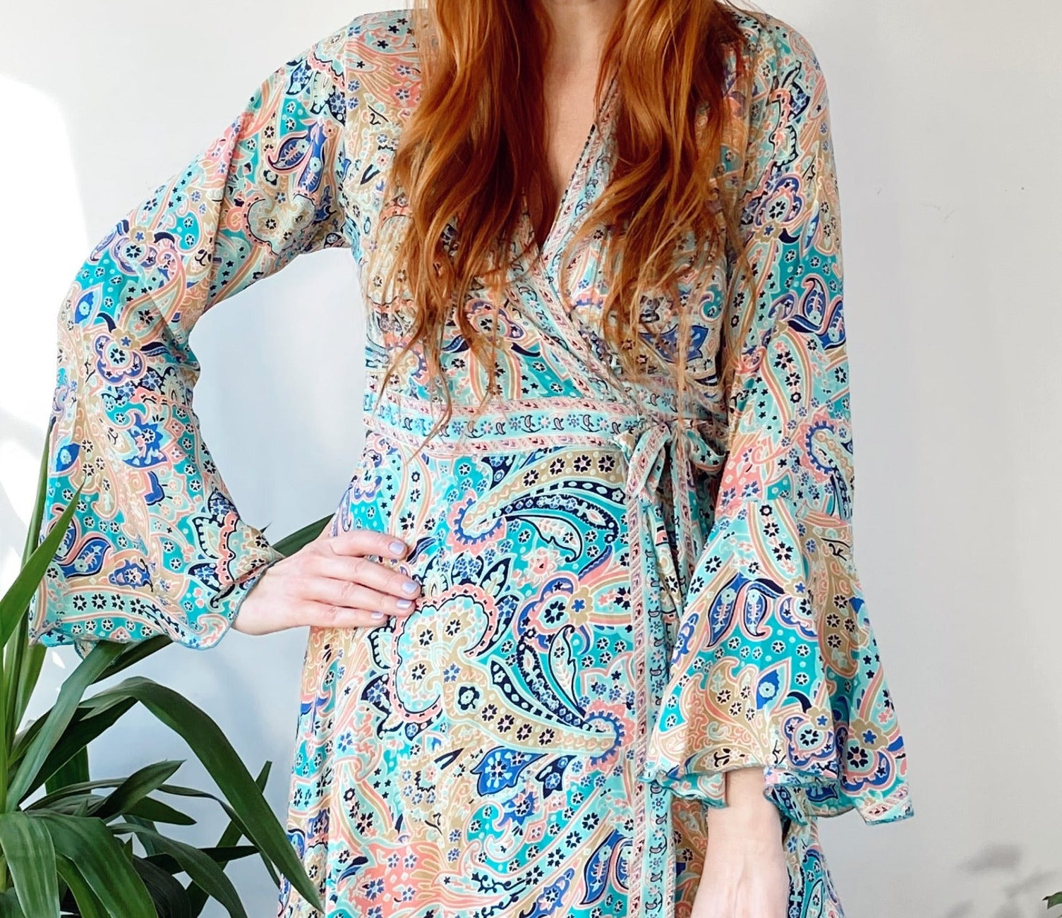 Ophelia blue peach printed silk wrap maxi dress free-size UK 8-14DRESSES