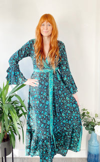 Ophelia forest-green floral-print silk wrap maxi dress free-size UK 8-14DRESSES