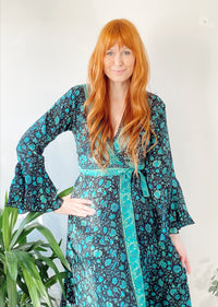 Ophelia forest-green floral-print silk wrap maxi dress free-size UK 8-14DRESSES
