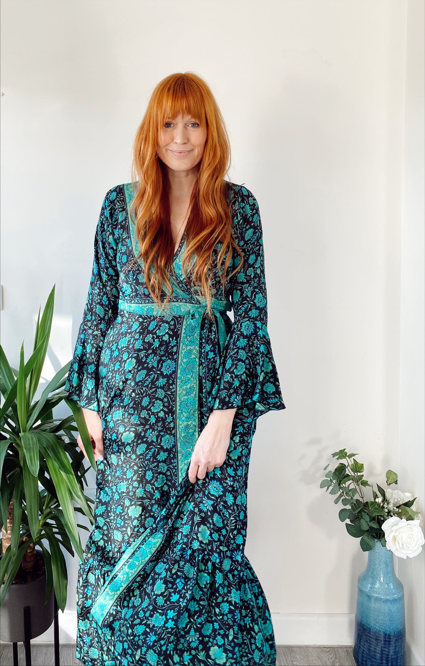 Ophelia forest-green floral-print silk wrap maxi dress free-size UK 8-14DRESSES
