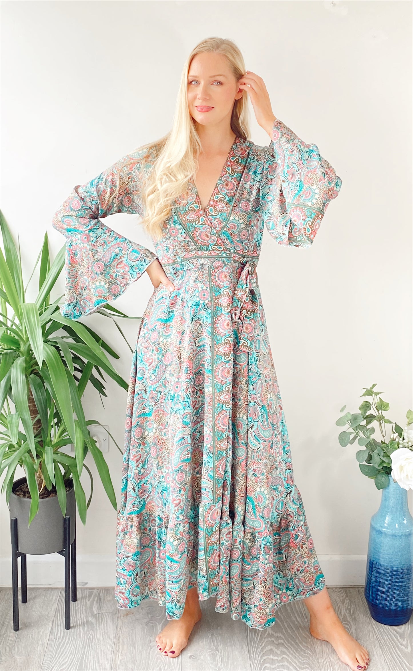 Ophelia green/pink paisley-print silk wrap maxi dress free-size UK 8-14DRESSES