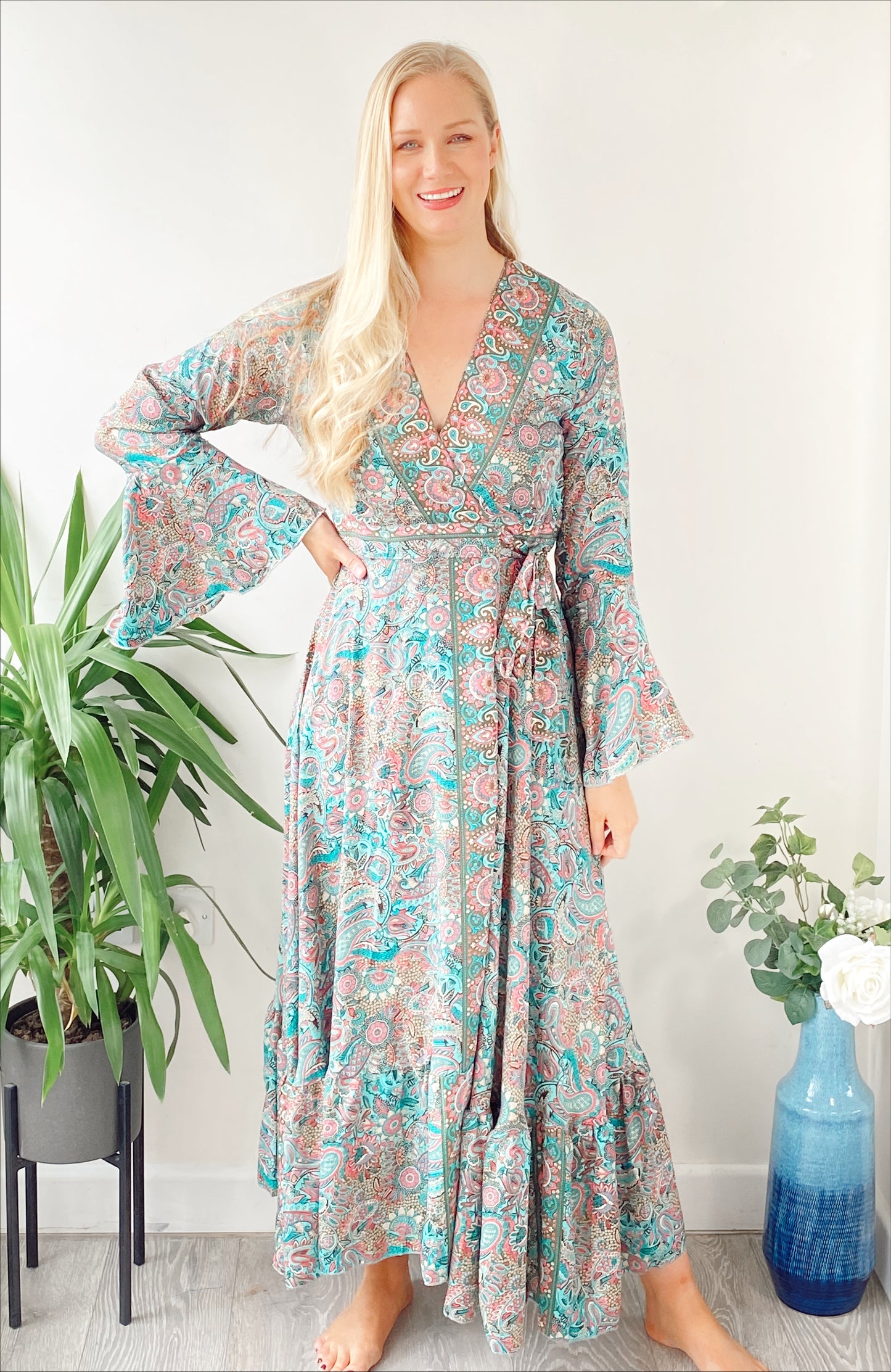 Ophelia green/pink paisley-print silk wrap maxi dress free-size UK 8-14DRESSES