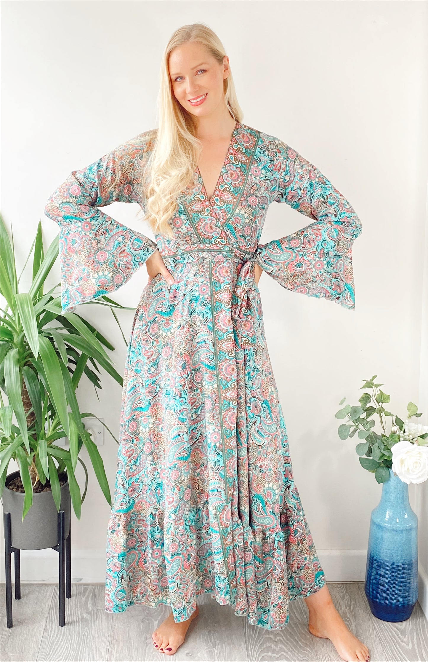 Ophelia green/pink paisley-print silk wrap maxi dress free-size UK 8-14DRESSES