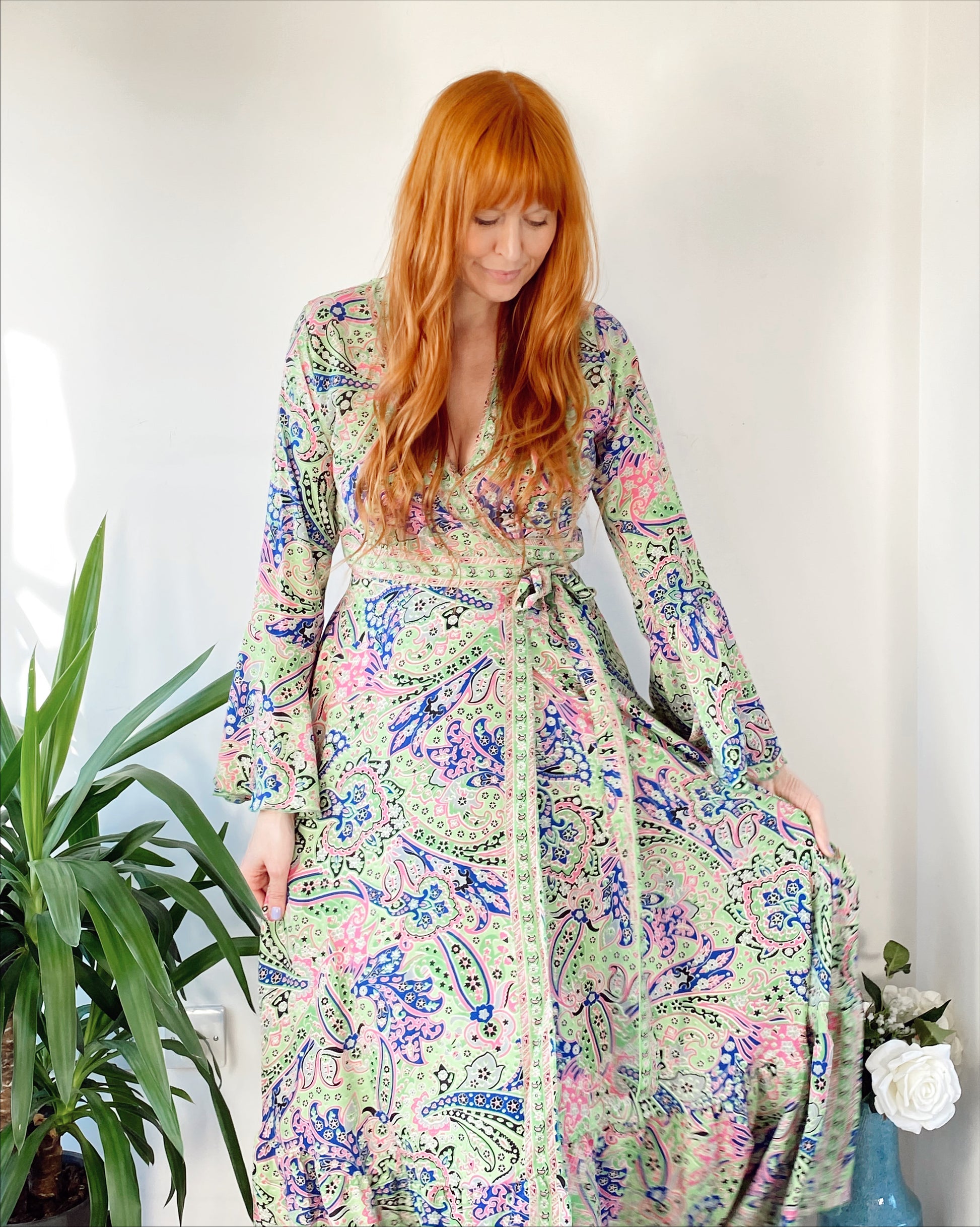 Ophelia lime blue pink paisley-print silk wrap maxi dress free-size UK 8-14DRESSES