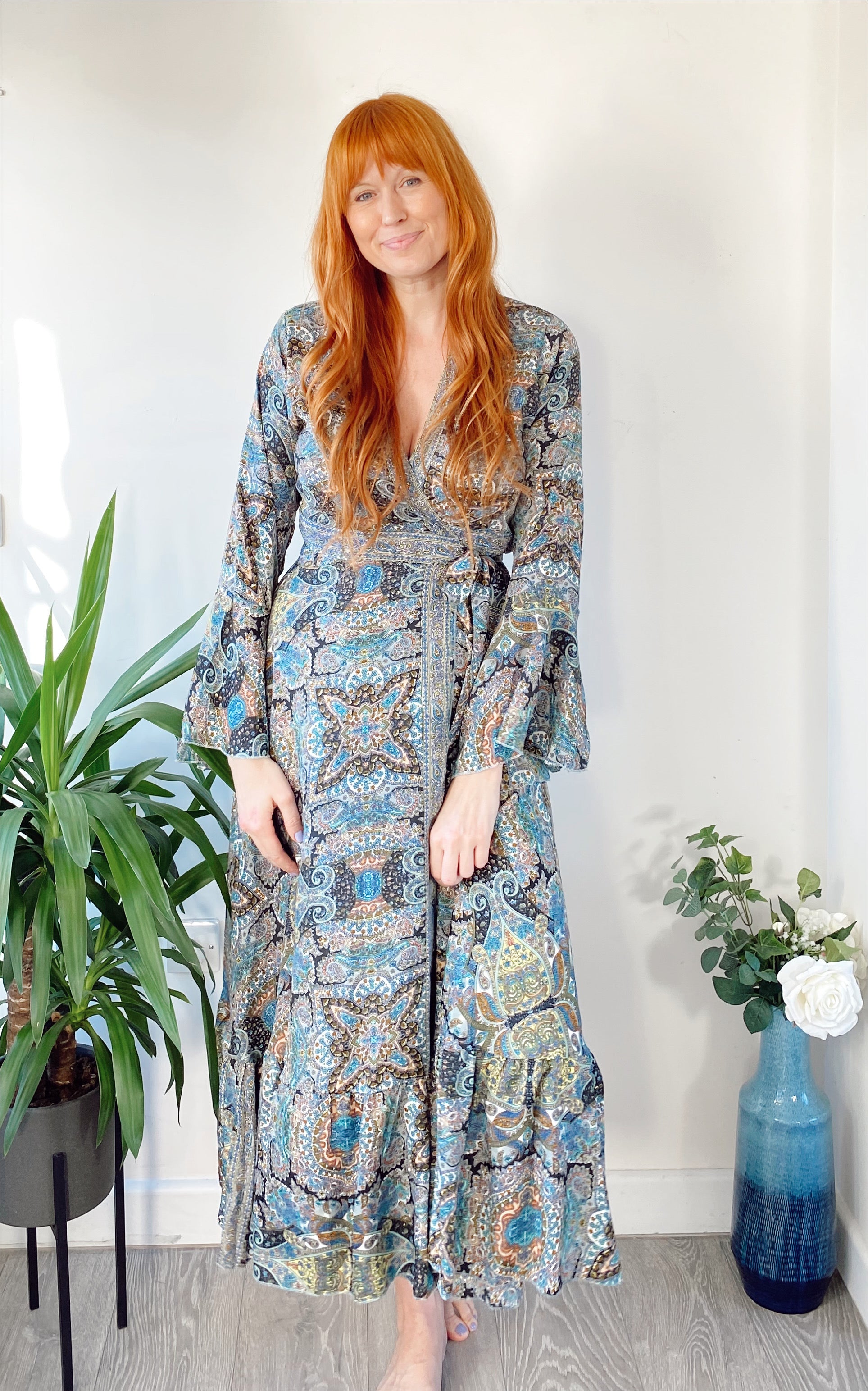 Ophelia navy/black paisley-print silk wrap maxi dress free-size UK 8-14DRESSES