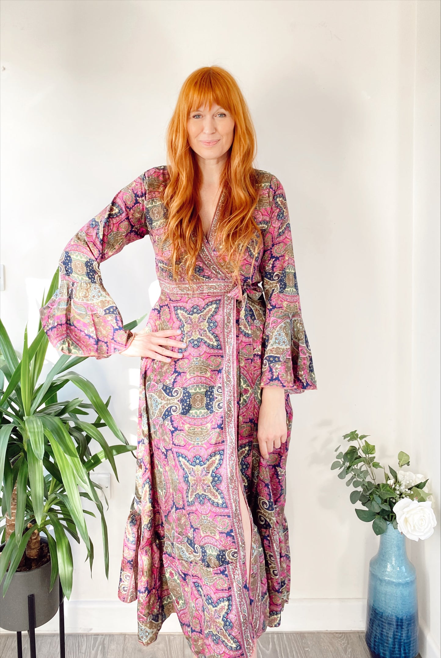 Ophelia purple printed silk wrap maxi dress free-size UK 8-14DRESSES