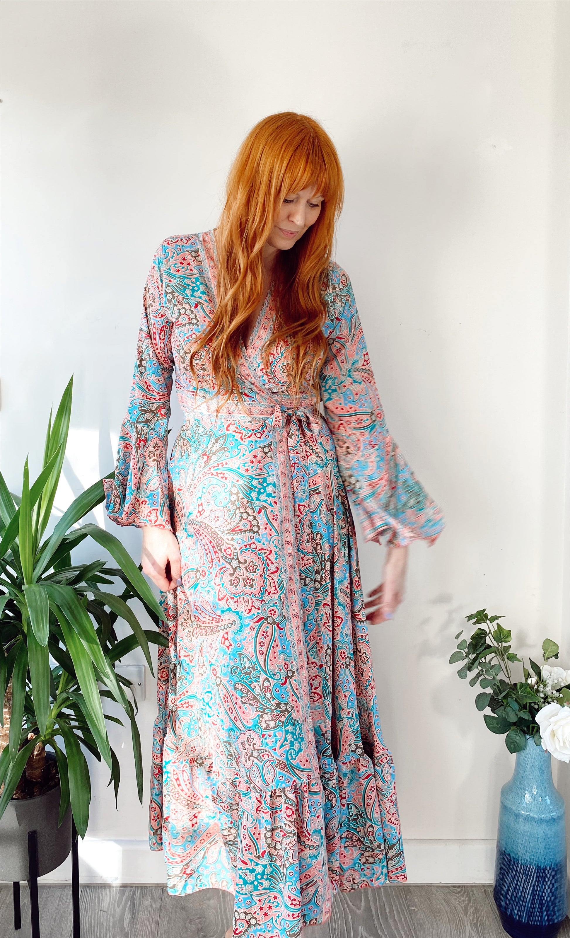 Ophelia turquoise/pink paisley-print silk wrap maxi dress free-size UK 8-14DRESSES