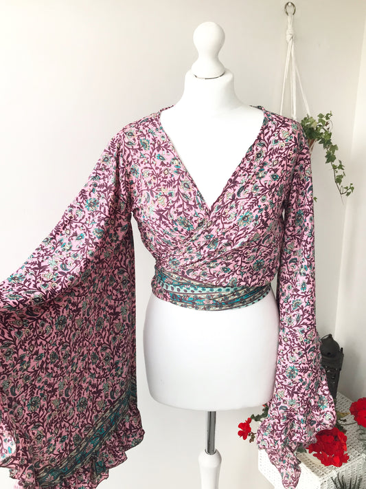 Stevie floral-print pink silk wrap tie frill-sleeve topblouse
