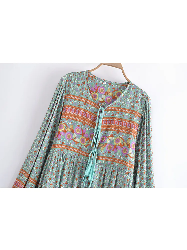 Joni pale-green floral-print boho midi dressDRESSES