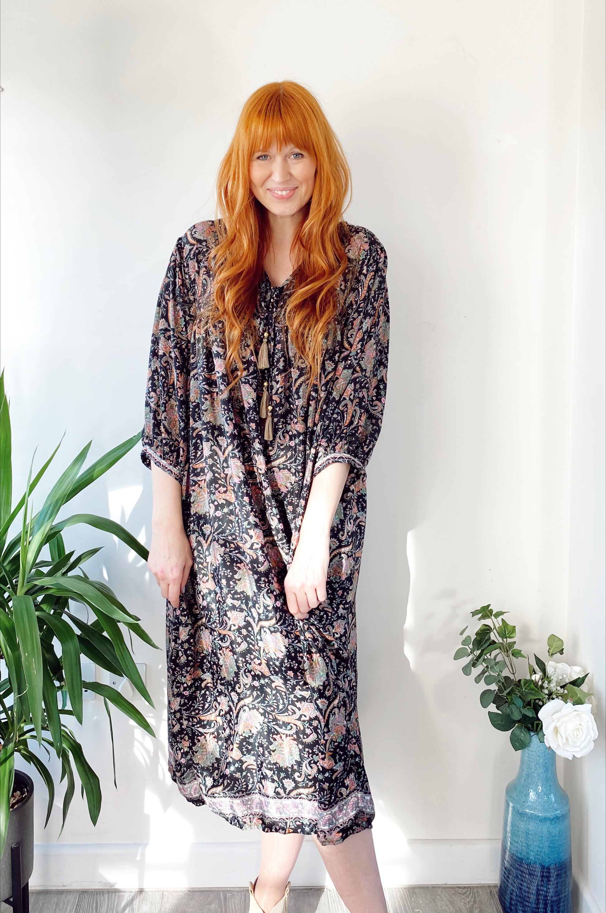 Aurora black paisley-print vintage-silk midi dress free-size UK 8-16DRESSES