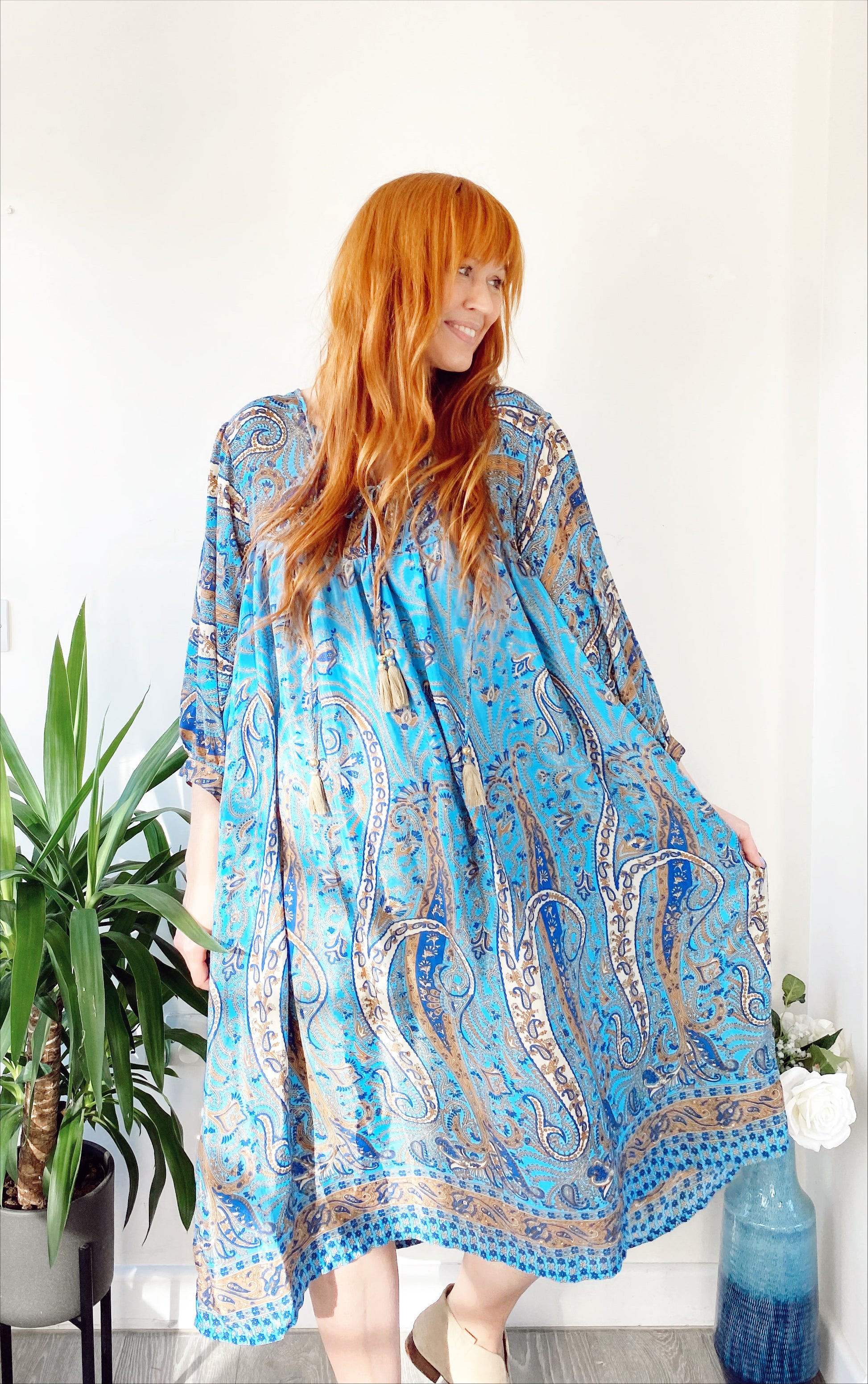 Aurora blue floral paisley-print silk midi dress free-size UK 8-16DRESSES