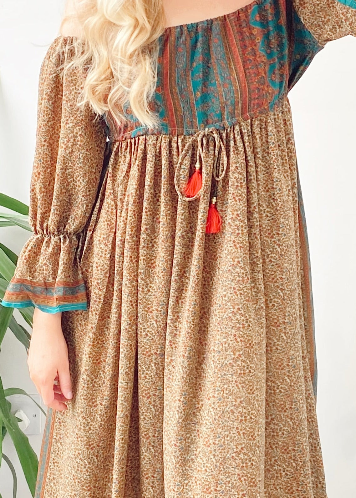 Bella beige multicoloured recycled-silk bardot maxi dressDRESSES