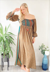 Bella beige multicoloured recycled-silk bardot maxi dressDRESSES