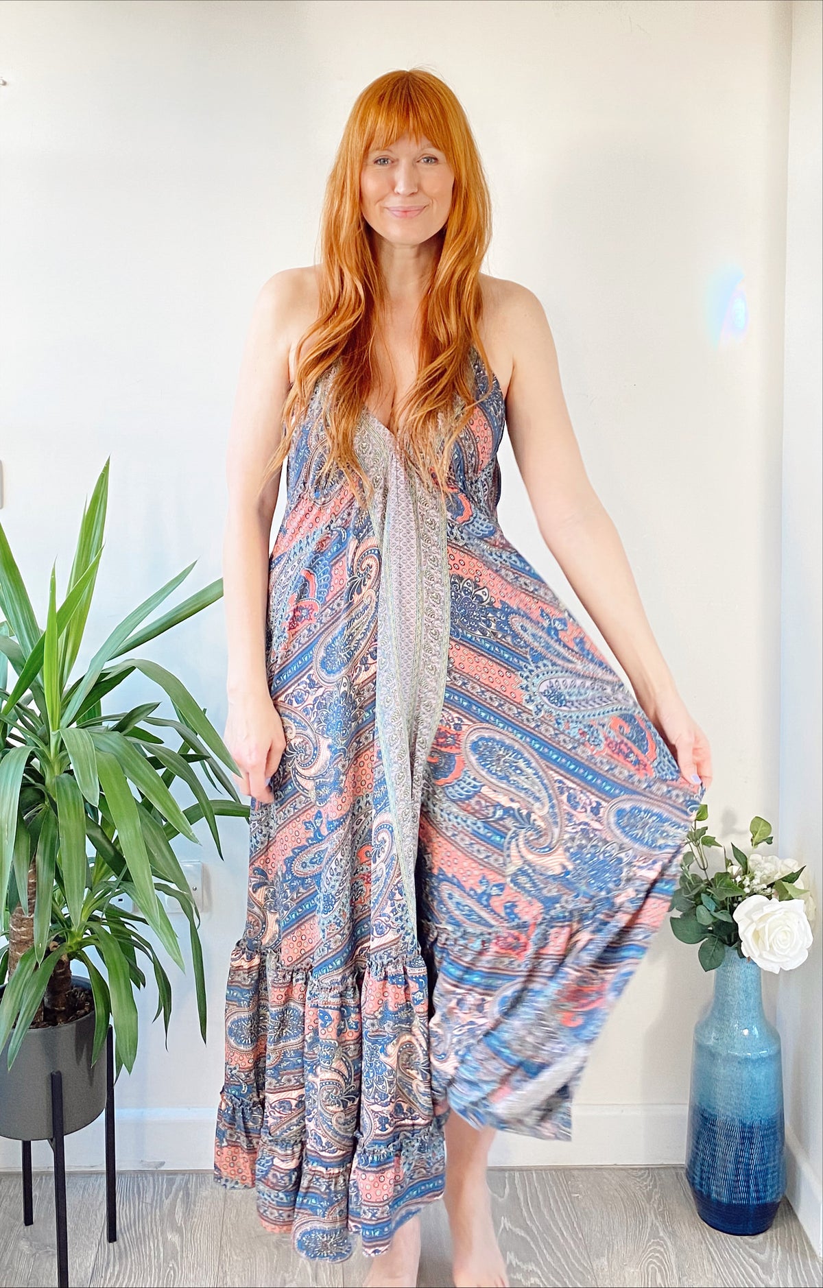 recycled silk dress Blue Printed Recycled Silk Boho Beach Halter Dress for Women S/M