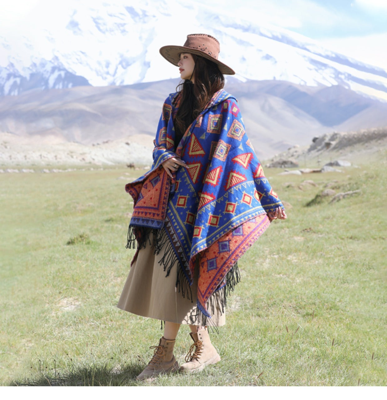 Aztec boho blue hooded cape/shawlShawl
