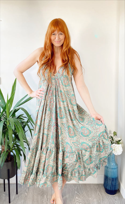 Cici green paisley-print recycled-silk maxi dressDRESSES