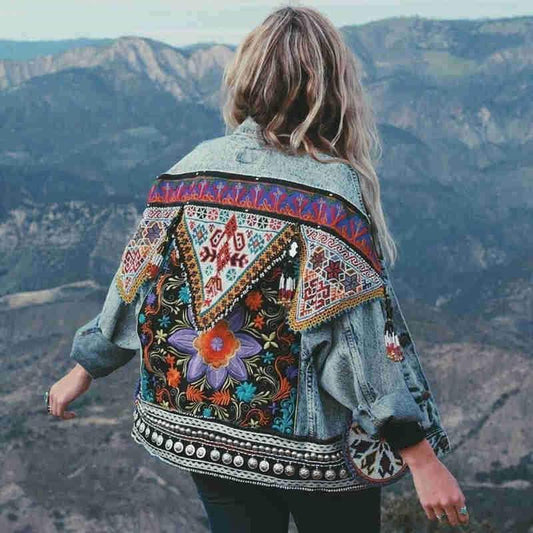 Denim boho floral embroidered jacketJACKET