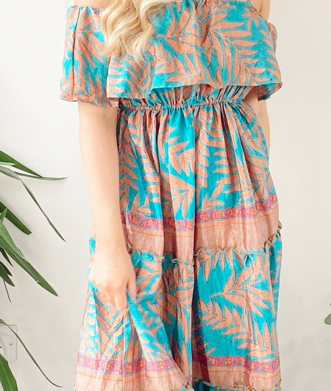 Elara peach/turquoise printed vintage-silk bardot frill dress free-size UK 8-16DRESSES