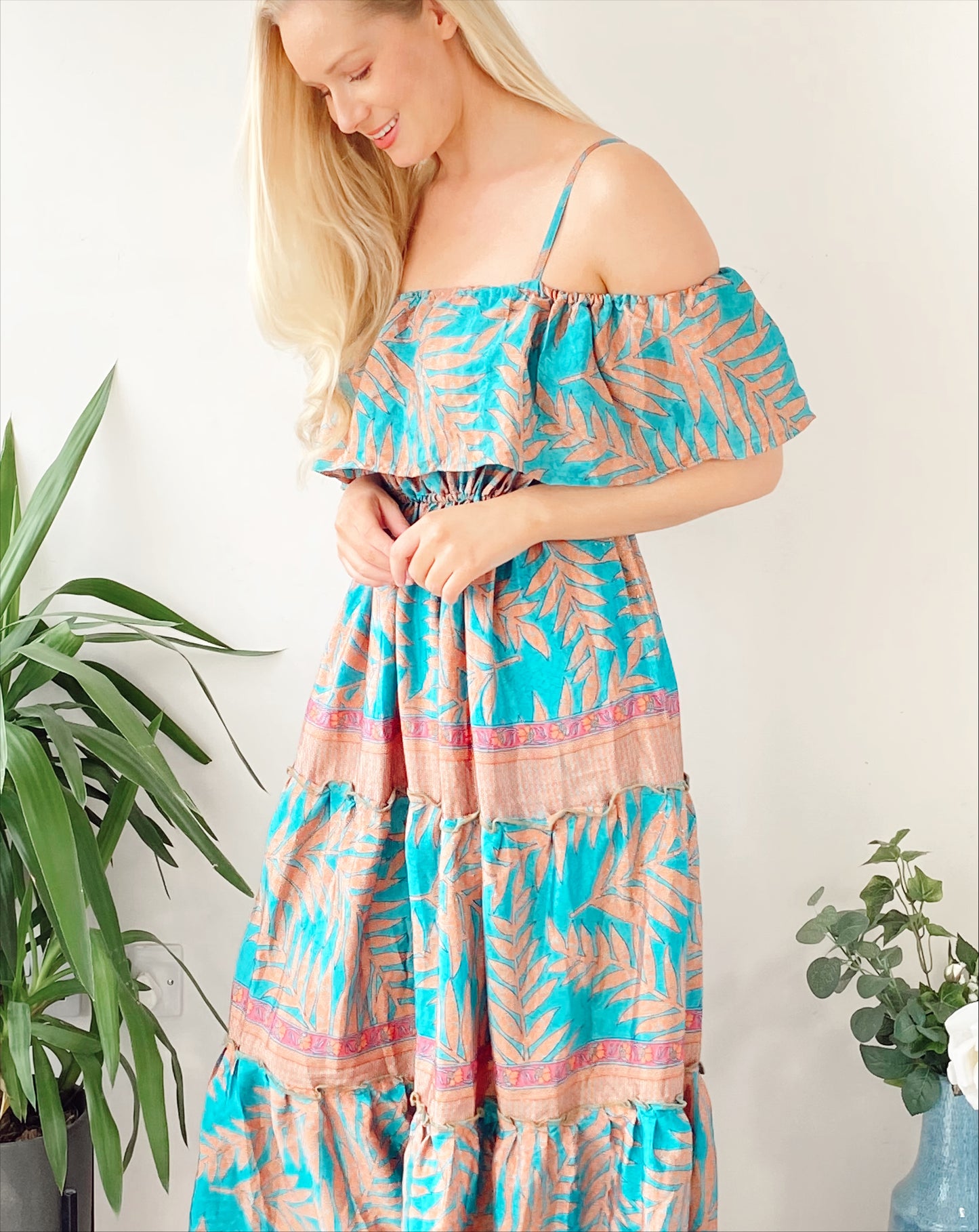 Elara peach/turquoise printed vintage-silk bardot frill dress free-size UK 8-16DRESSES