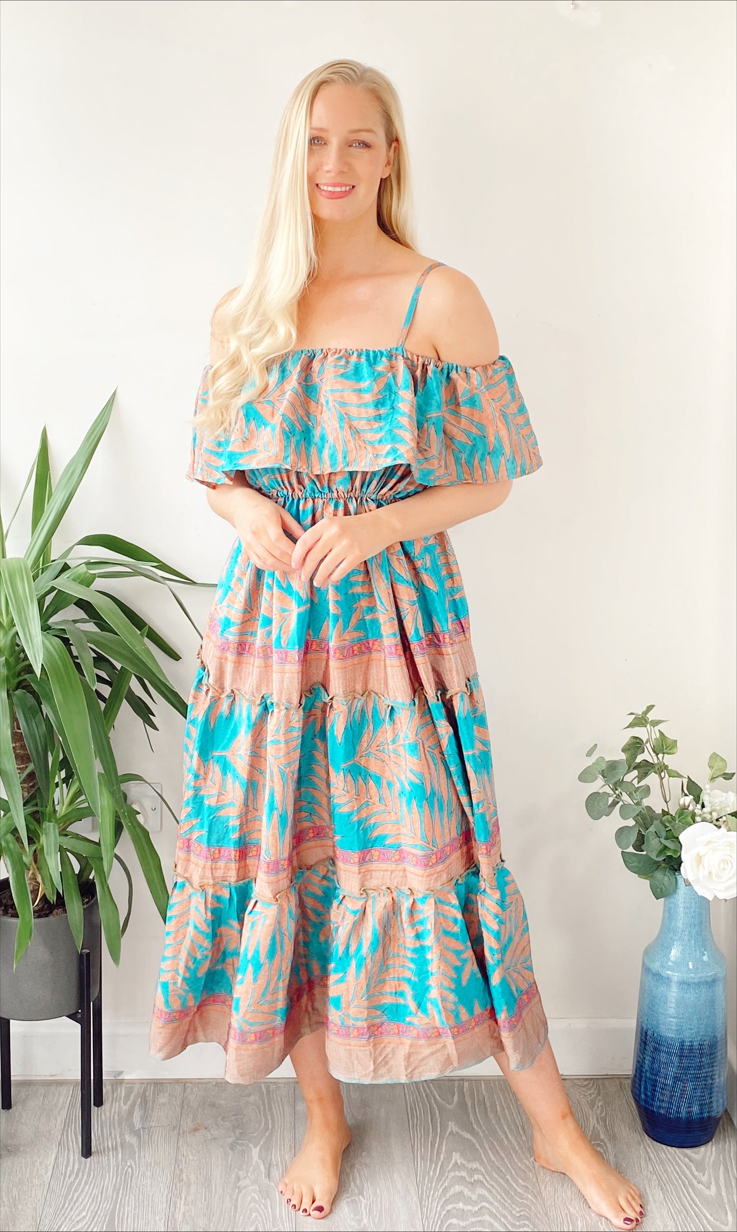 Elara peach/turquoise printed vintage-silk bardot frill dress free-size UK 8-16DRESSES