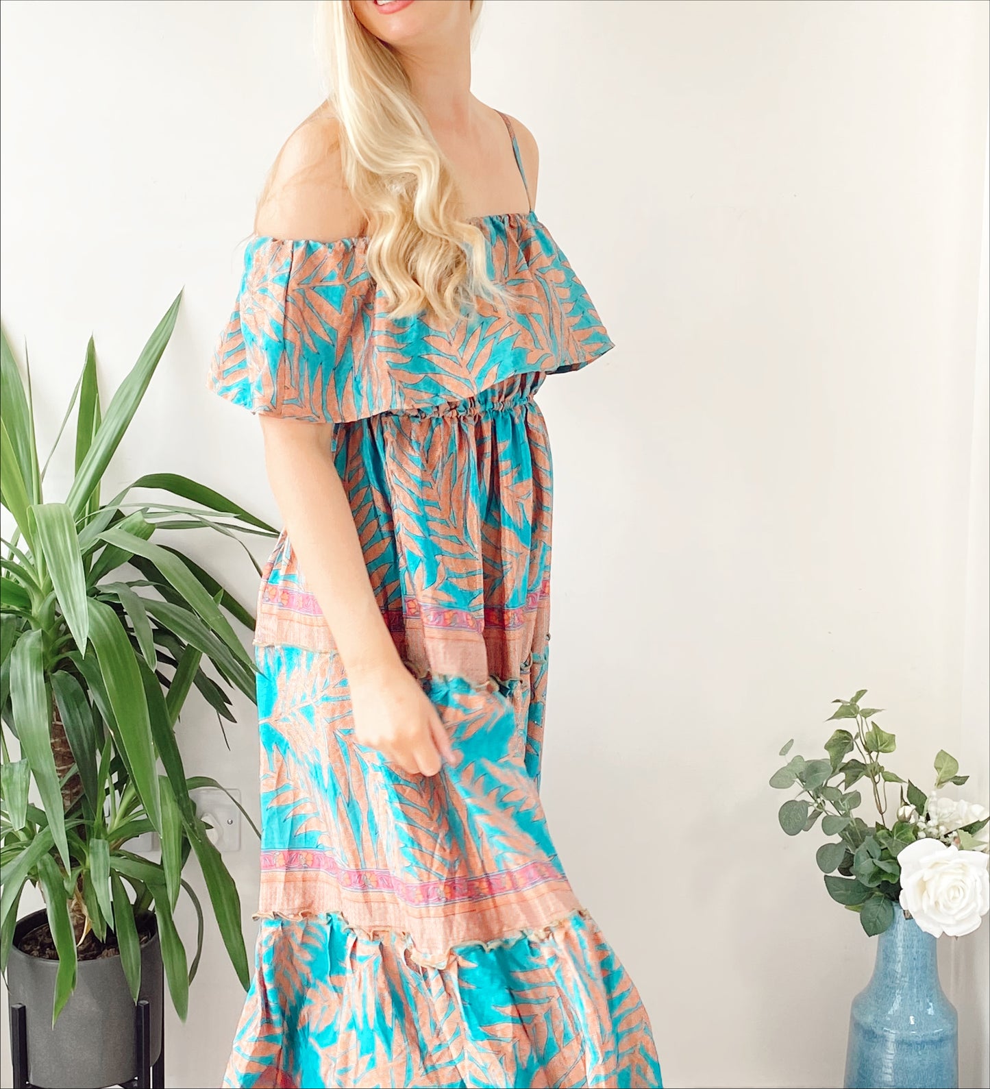 Elara peach/turquoise printed vintage-silk bardot frill dress free-size UK 8-16DRESSES