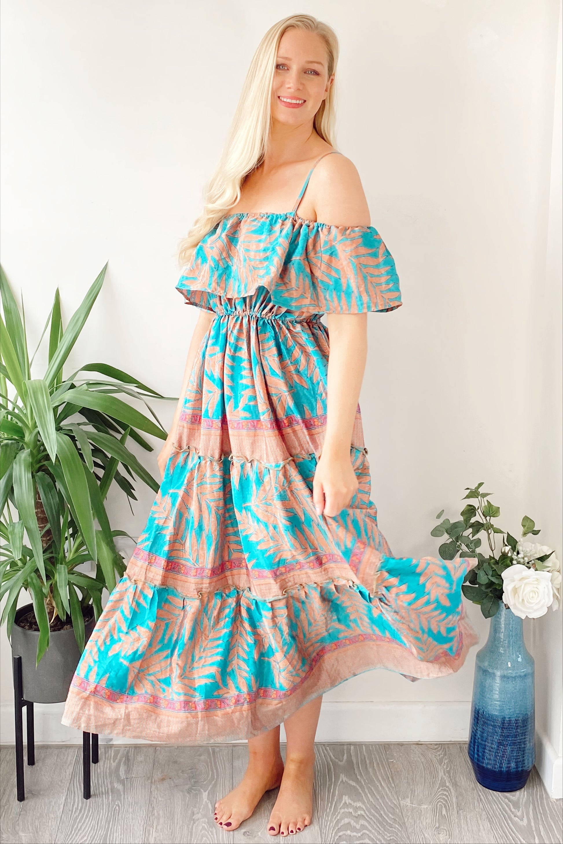 Elara peach/turquoise printed vintage-silk bardot frill dress free-size UK 8-16DRESSES