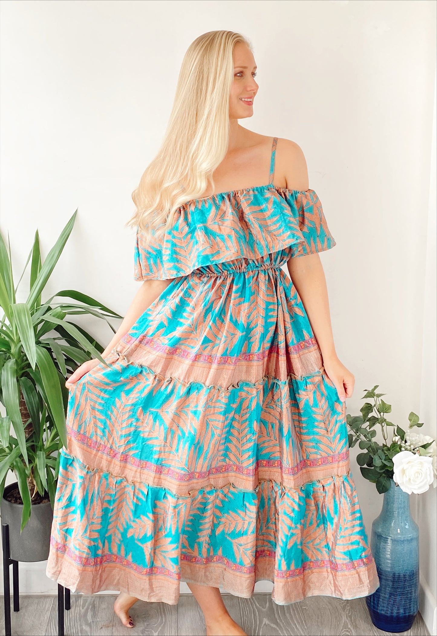 Elara peach/turquoise printed vintage-silk bardot frill dress free-size UK 8-16DRESSES