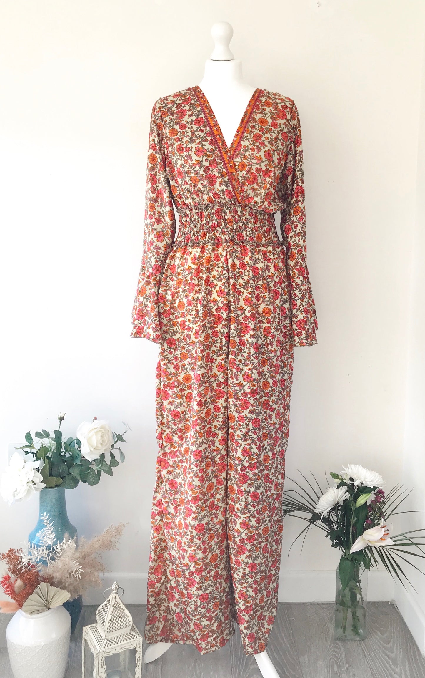 Flora cream red floral-print silk jumpsuit free-size UK 8-14JUMPSUIT