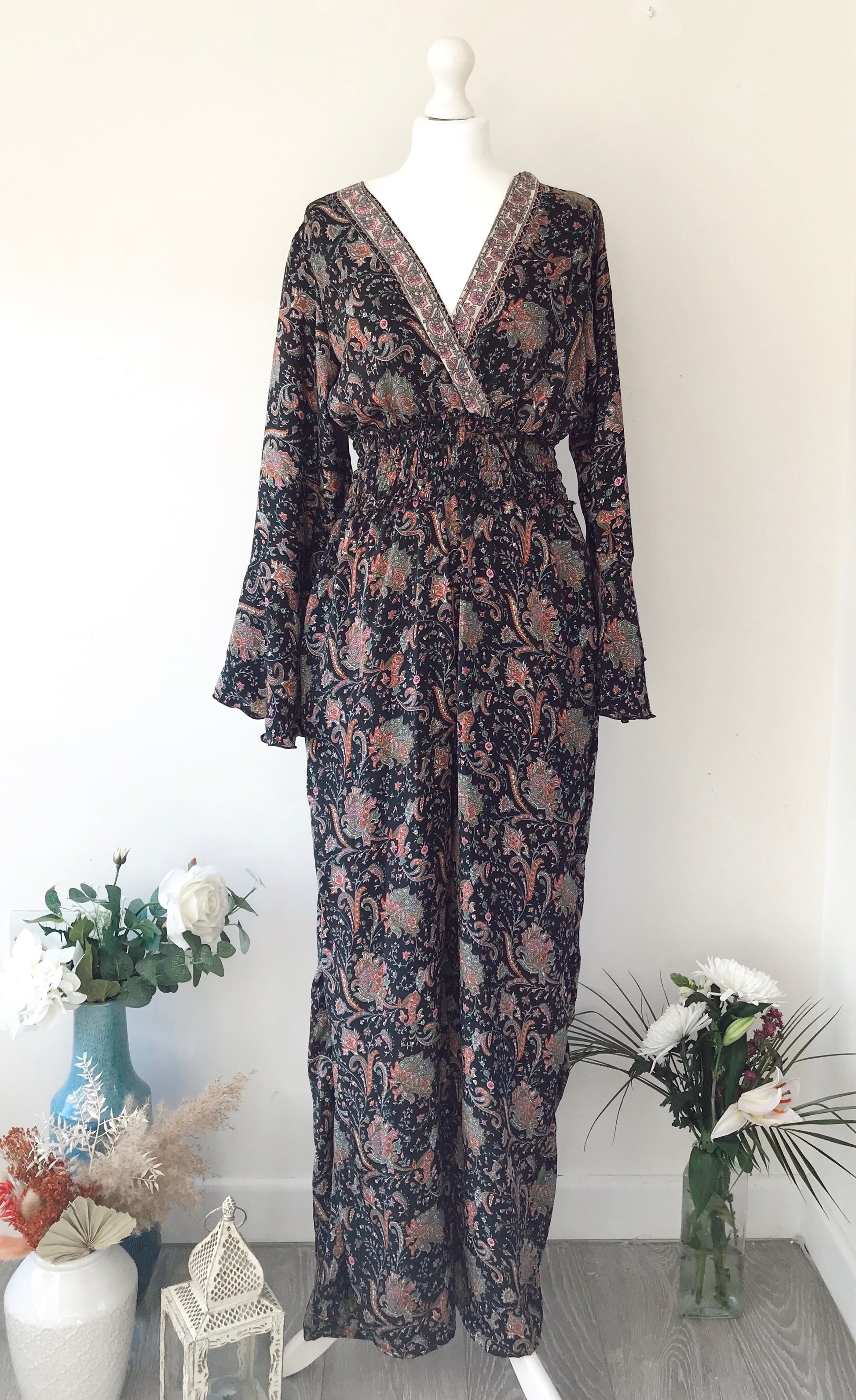 Flora black floral paisley-print silk jumpsuit free-size UK 8-14JUMPSUIT