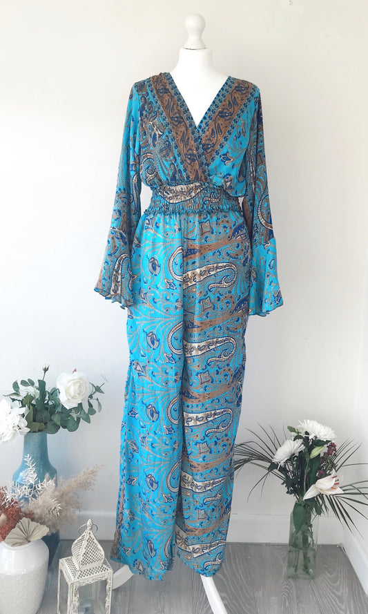 Flora blue floral paisley-print silk jumpsuit free-size UK 8-14JUMPSUIT