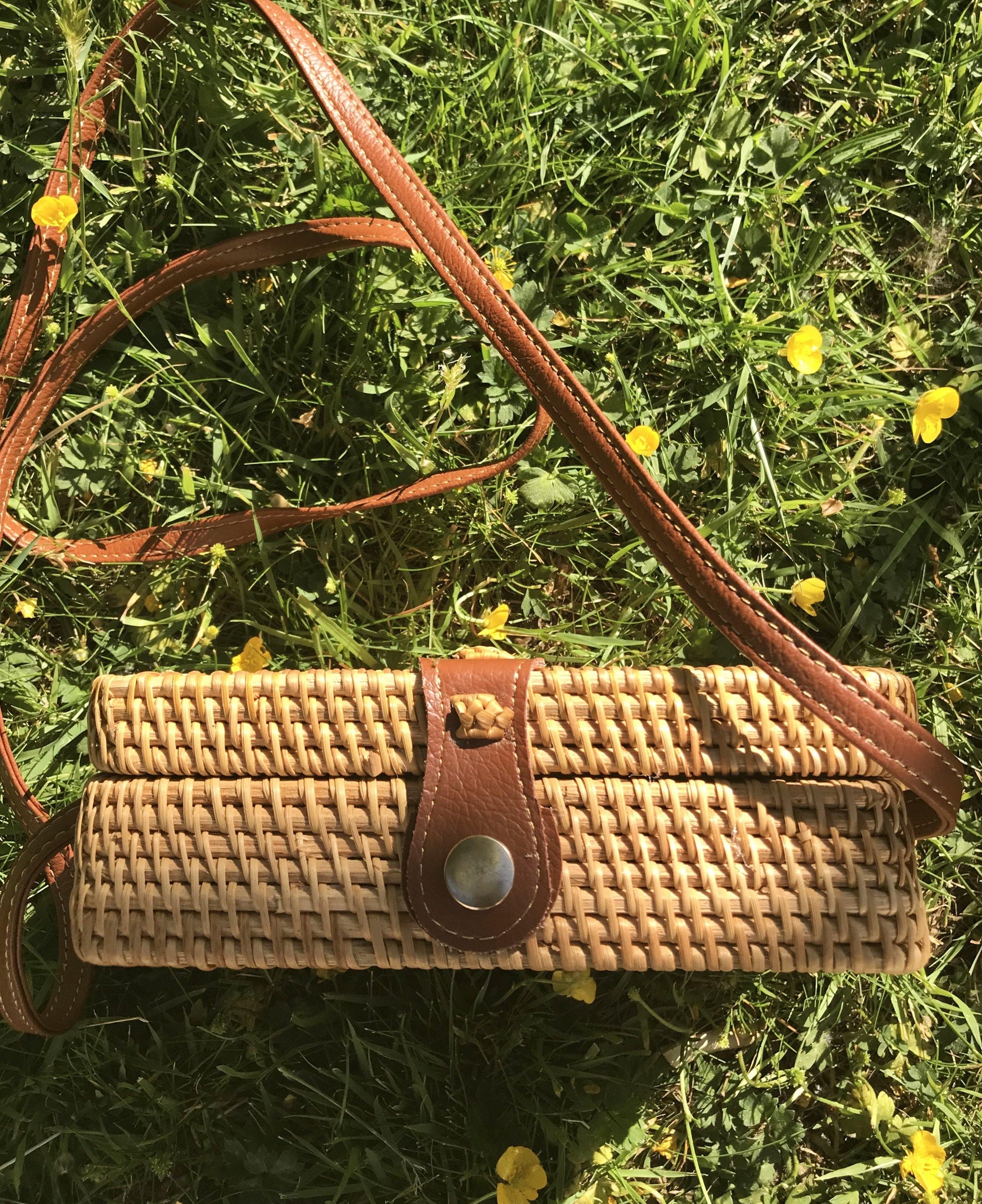 Box-style square rattan boho cross-body woven bagBAG