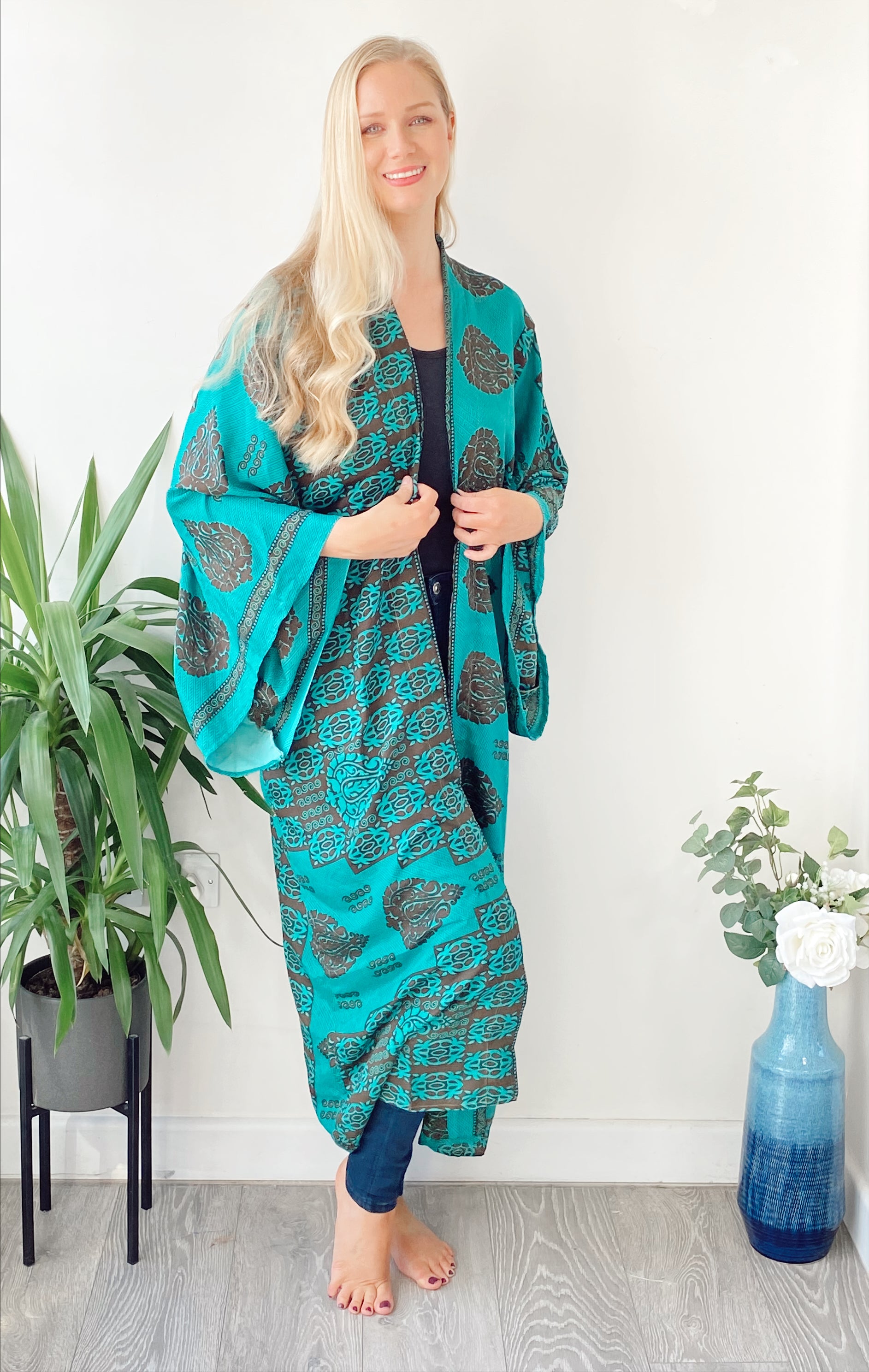 Laurel green print recycled-silk free-size kimono//robe UK 8-16DRESSES