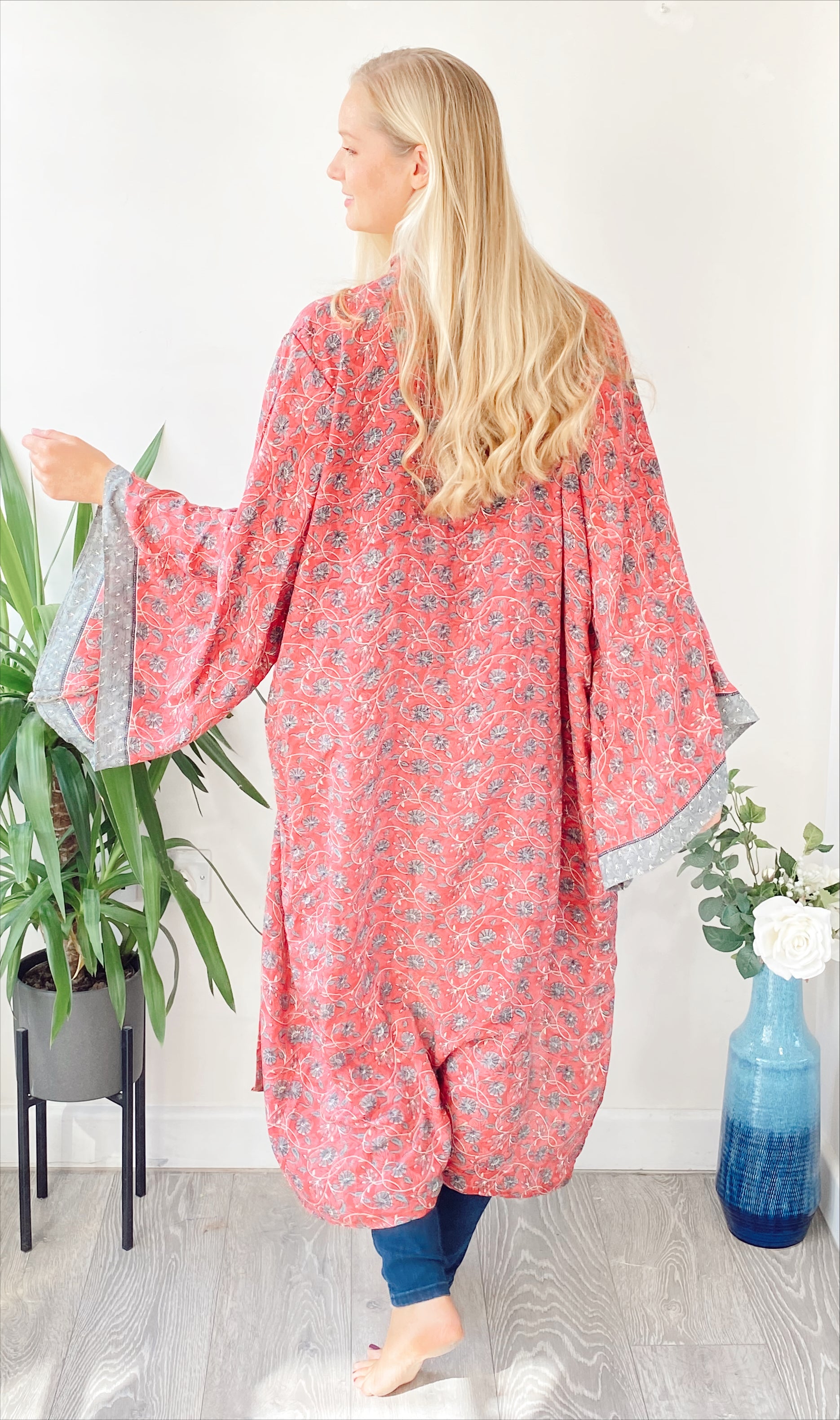 Laurel pink print recycled-silk free-size kimono//robe UK 8-16DRESSES